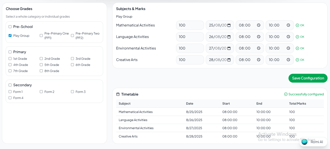 Exam management interface showing upcoming exams and grading workflow